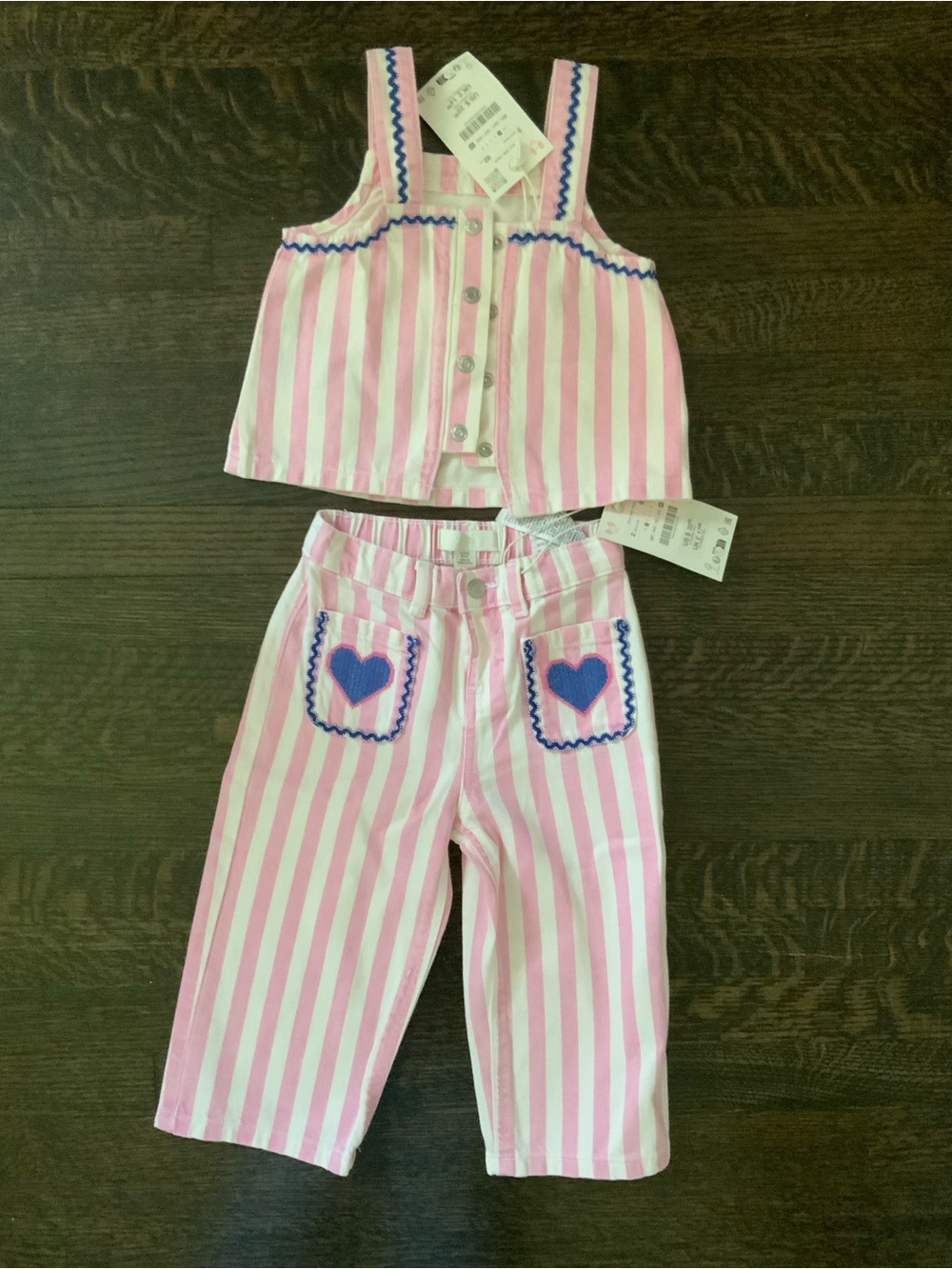 Zara Pink & White Stripe Girls Set with Blue Heart Accents